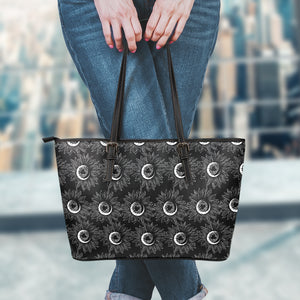 White And Black Sunflower Pattern Print Leather Tote Bag