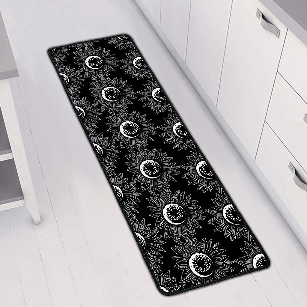 White And Black Sunflower Pattern Print Long Kitchen Mat