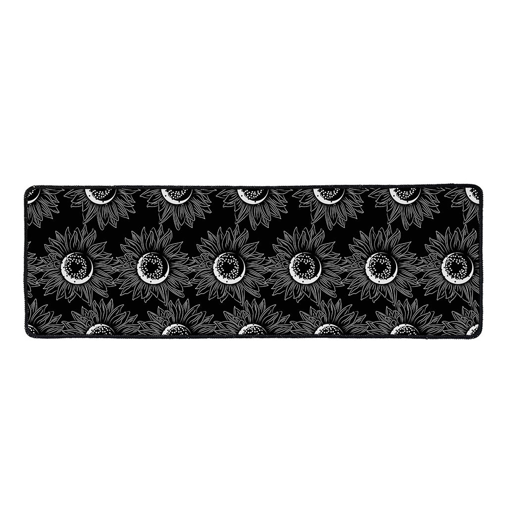 White And Black Sunflower Pattern Print Long Kitchen Mat