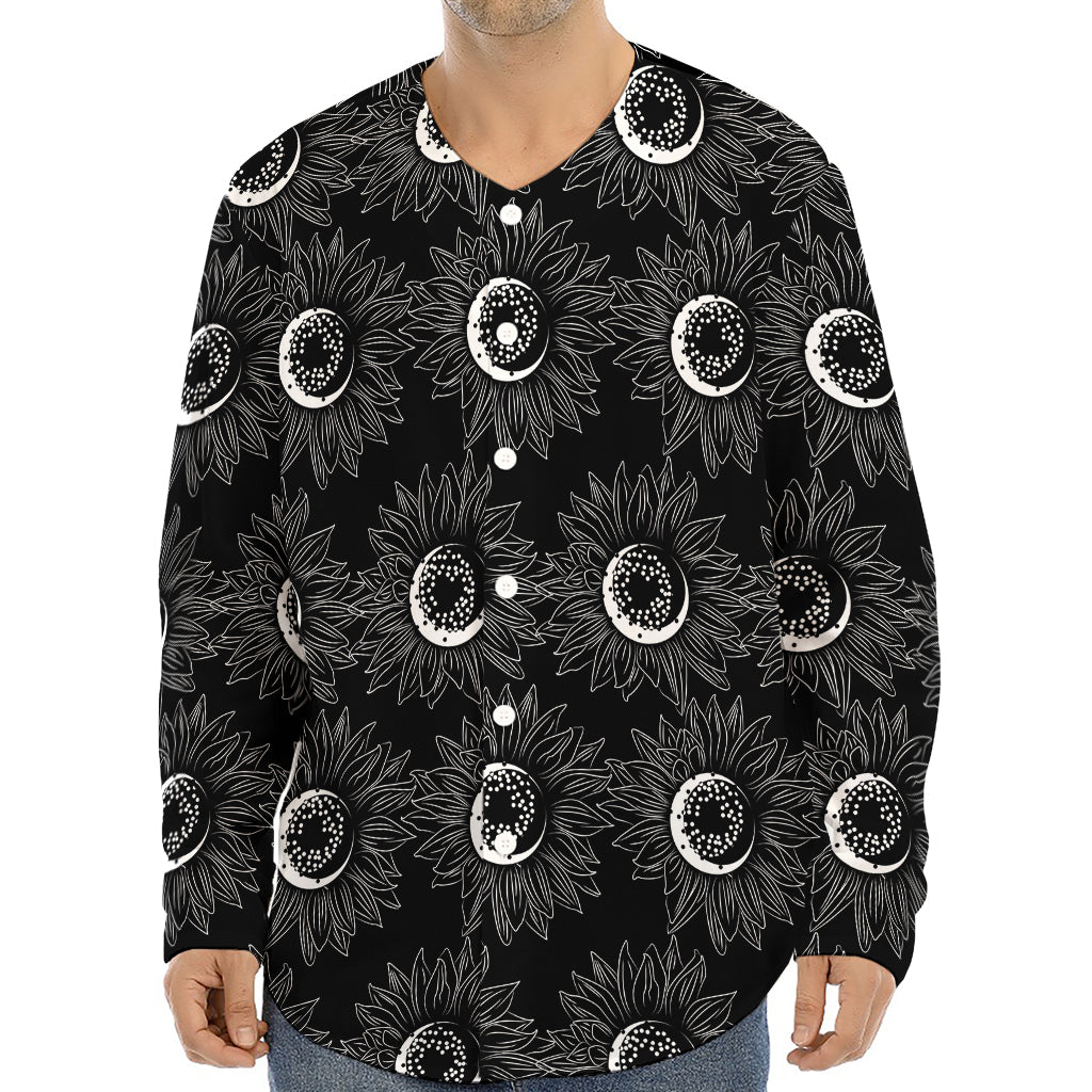 White And Black Sunflower Pattern Print Long Sleeve Baseball Jersey