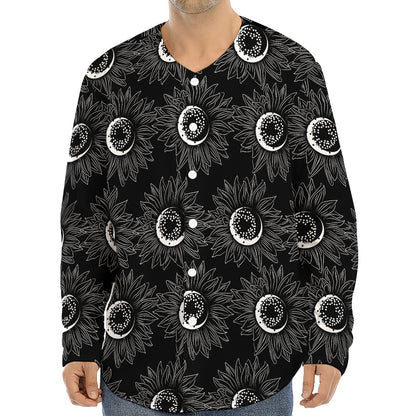 White And Black Sunflower Pattern Print Long Sleeve Baseball Jersey