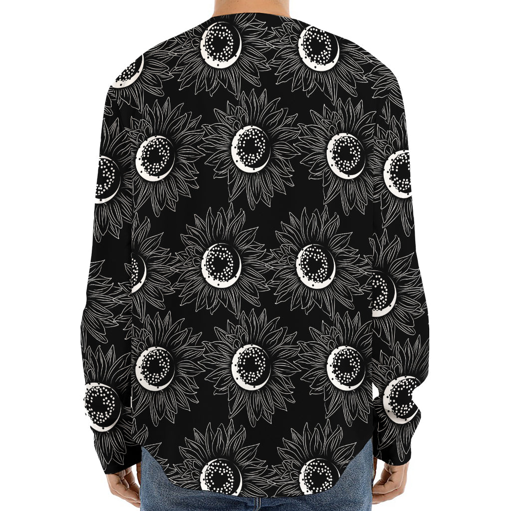 White And Black Sunflower Pattern Print Long Sleeve Baseball Jersey