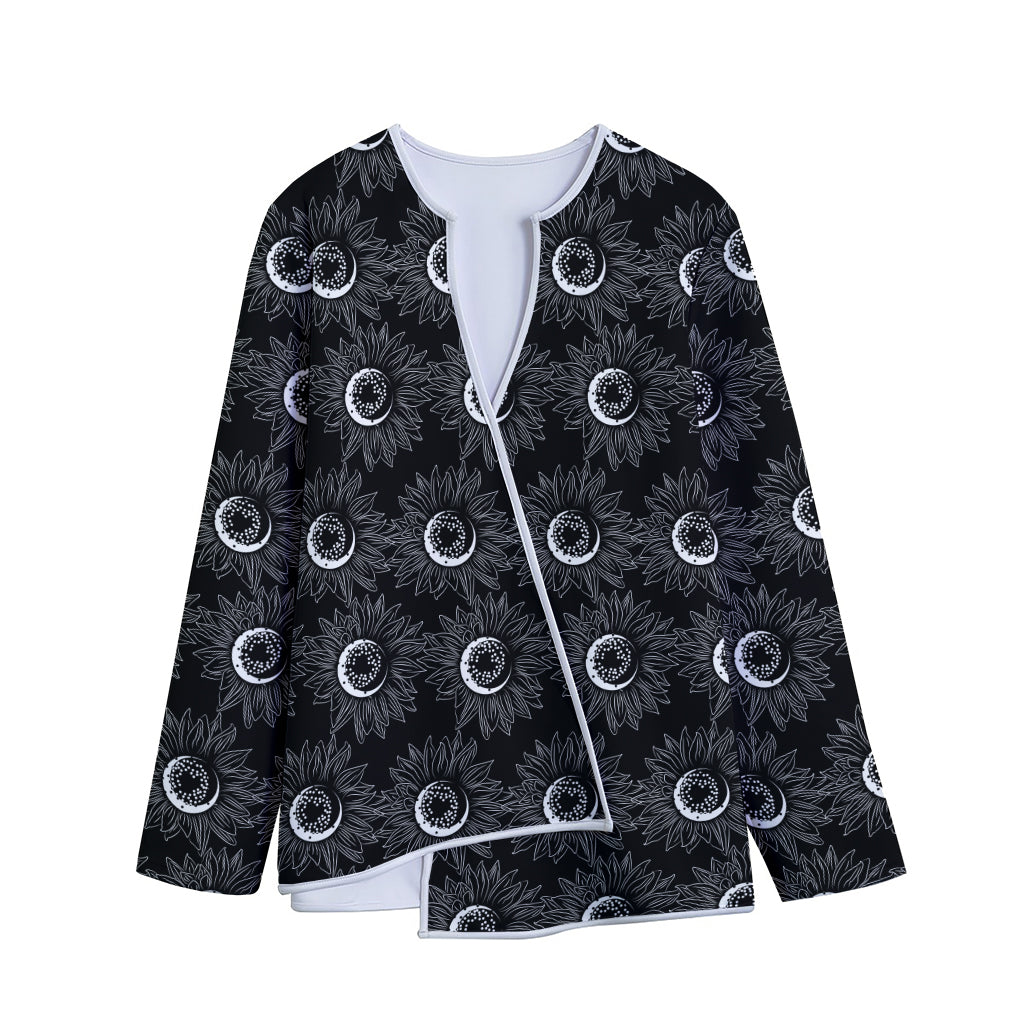 White And Black Sunflower Pattern Print Long Sleeve Short Coat