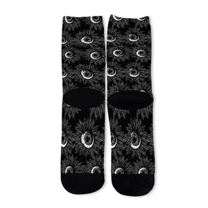 White And Black Sunflower Pattern Print Long Socks