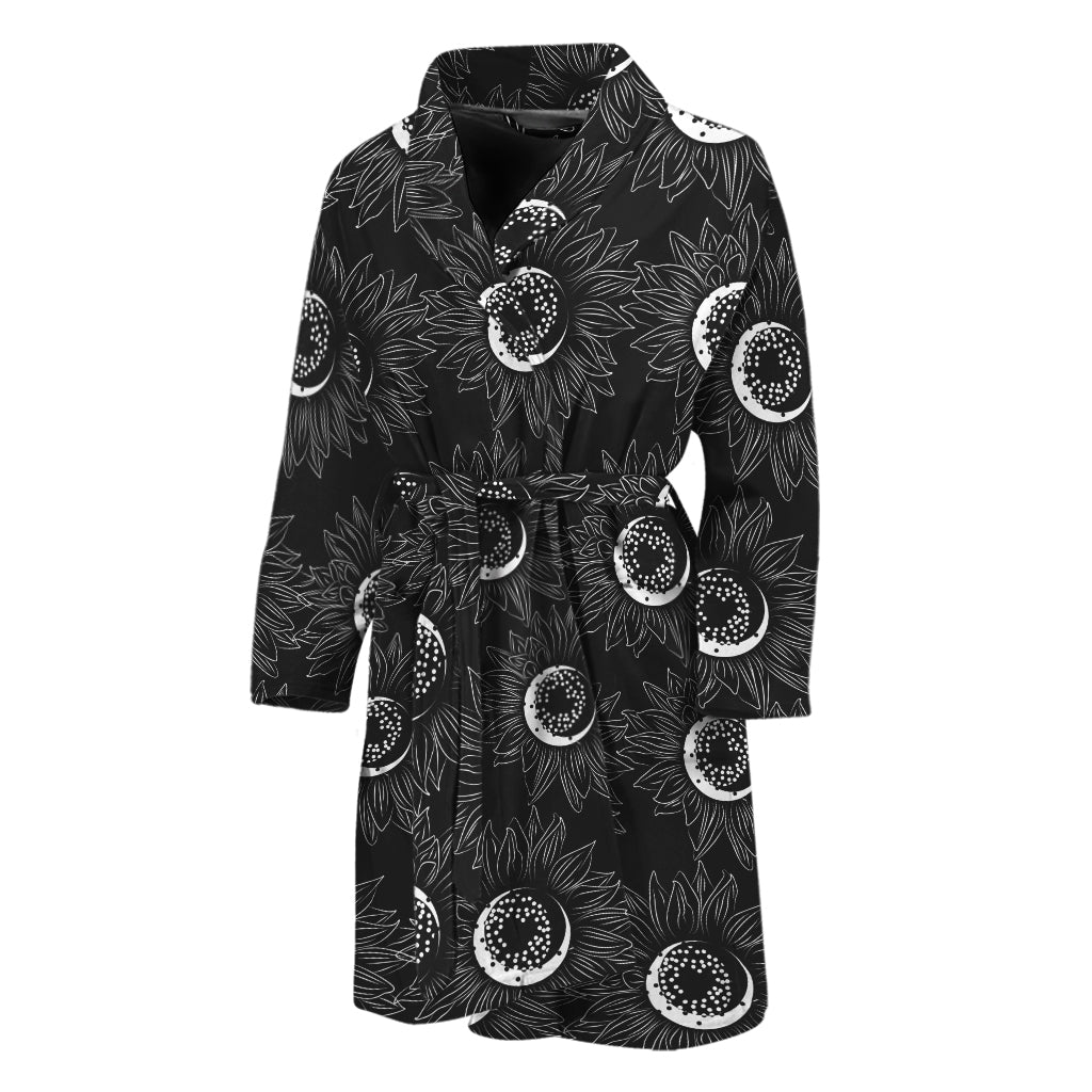White And Black Sunflower Pattern Print Men's Bathrobe