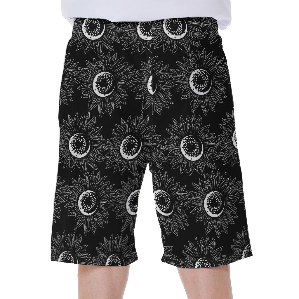 White And Black Sunflower Pattern Print Men's Beach Shorts