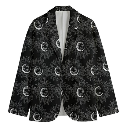 White And Black Sunflower Pattern Print Men's Blazer