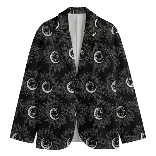 White And Black Sunflower Pattern Print Men's Blazer