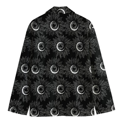 White And Black Sunflower Pattern Print Men's Blazer