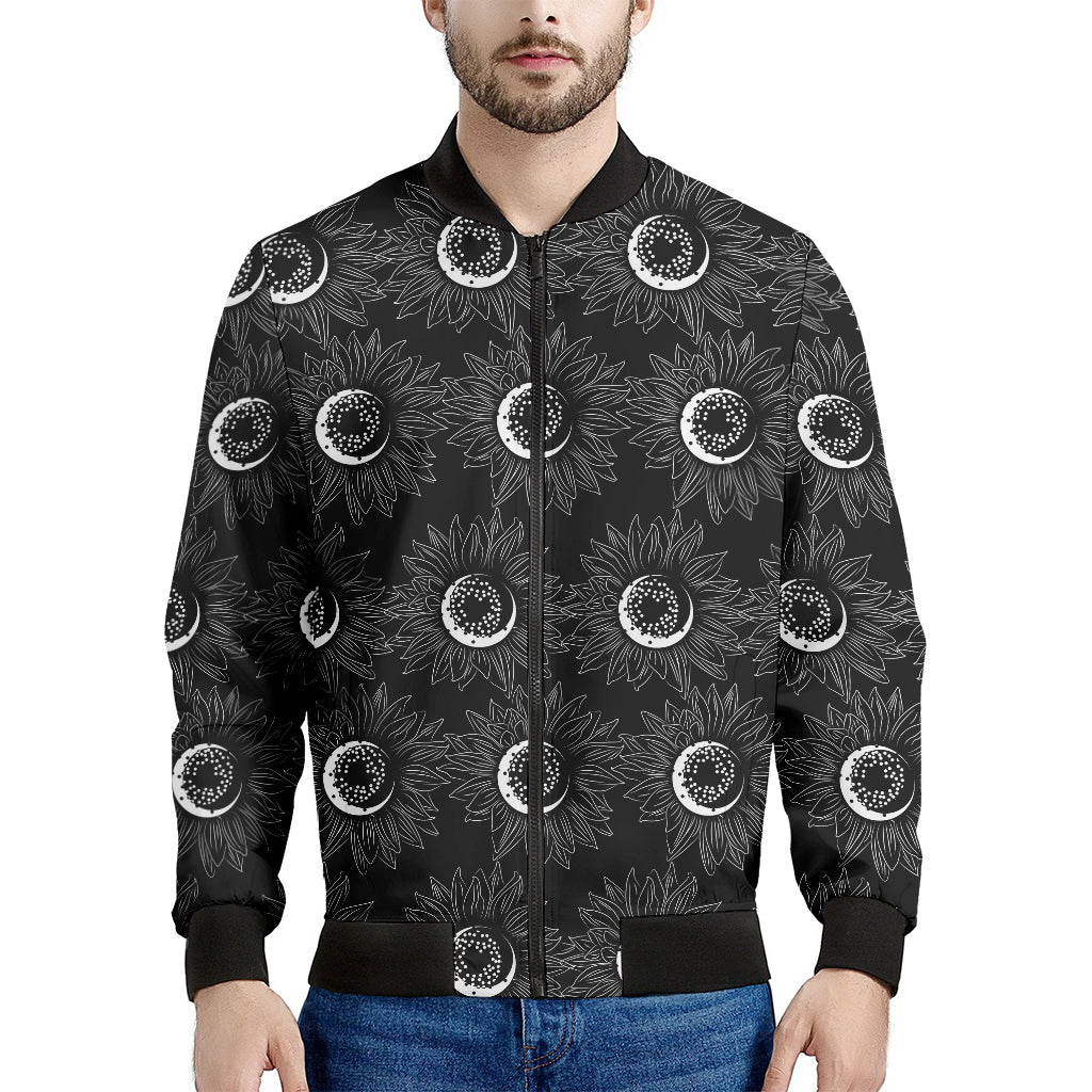 White And Black Sunflower Pattern Print Men's Bomber Jacket