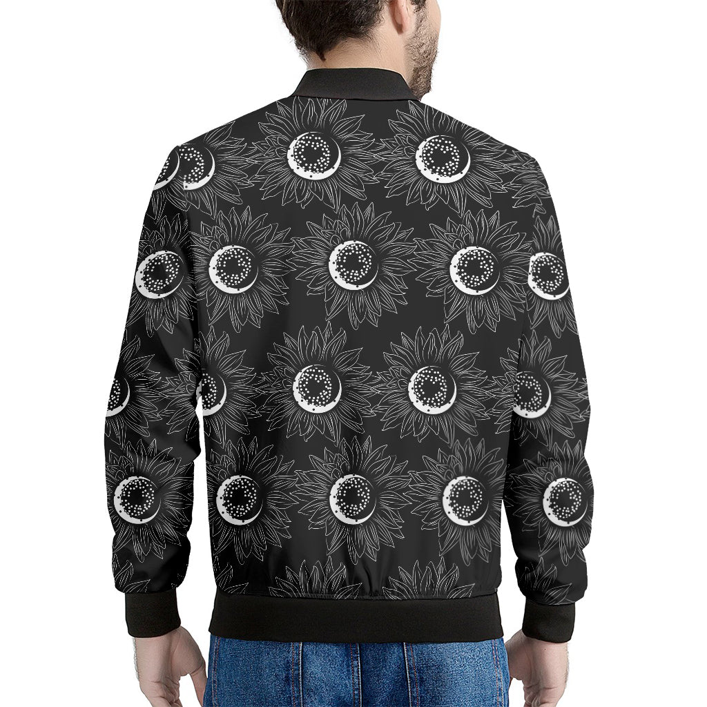 White And Black Sunflower Pattern Print Men's Bomber Jacket