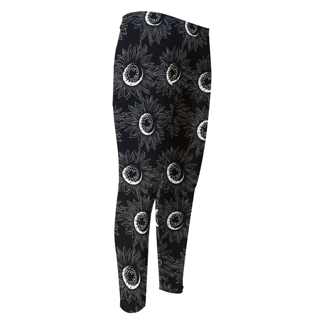 White And Black Sunflower Pattern Print Men's Compression Pants