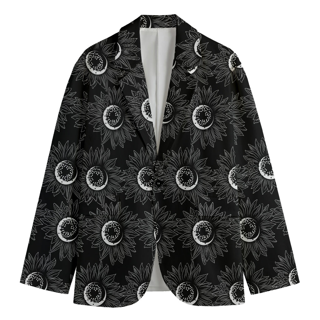White And Black Sunflower Pattern Print Men's Cotton Blazer