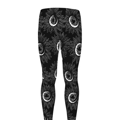 White And Black Sunflower Pattern Print Men's leggings