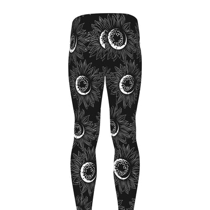 White And Black Sunflower Pattern Print Men's leggings