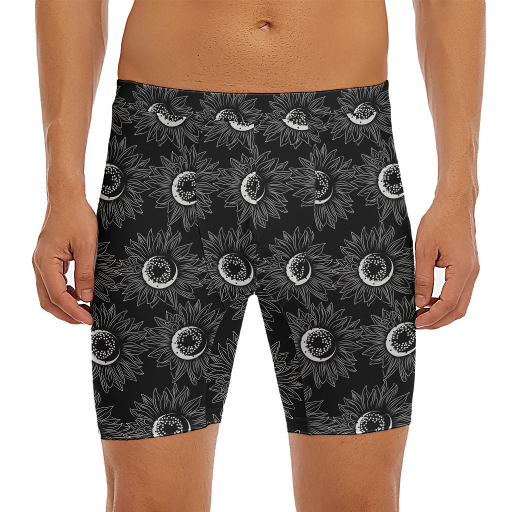 White And Black Sunflower Pattern Print Men's Long Boxer Briefs