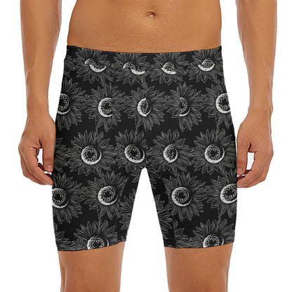 White And Black Sunflower Pattern Print Men's Long Boxer Briefs