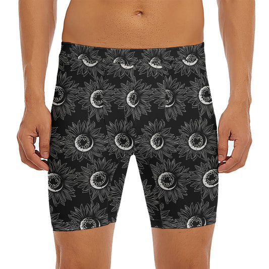 White And Black Sunflower Pattern Print Men's Long Boxer Briefs