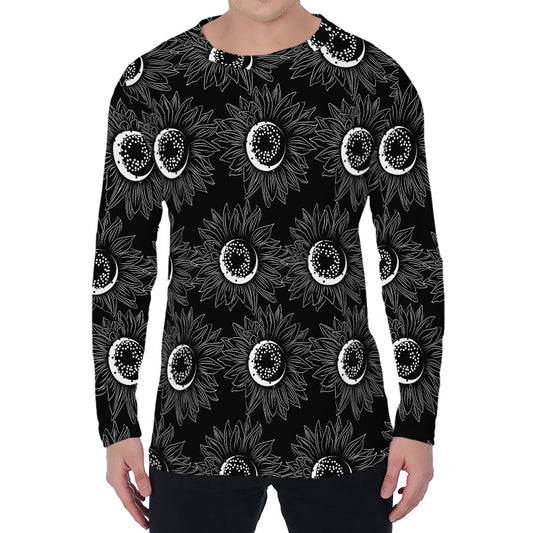 White And Black Sunflower Pattern Print Men's Long Sleeve T-Shirt