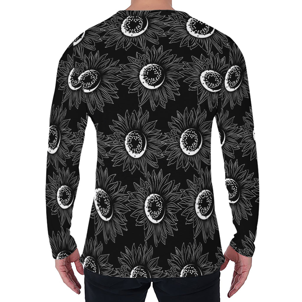 White And Black Sunflower Pattern Print Men's Long Sleeve T-Shirt