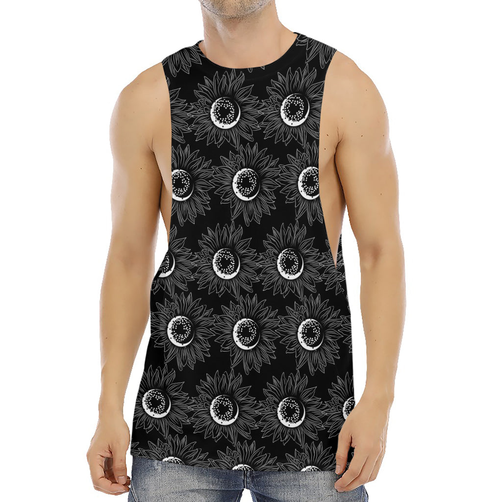 White And Black Sunflower Pattern Print Men's Muscle Tank Top