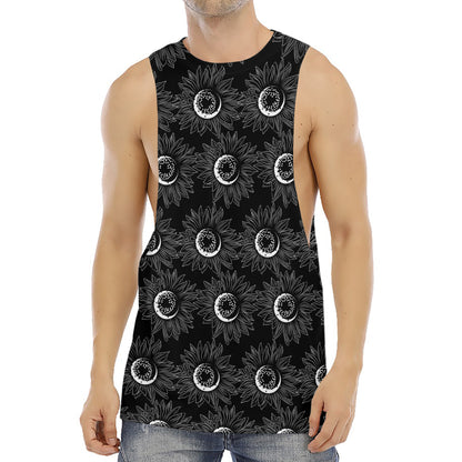 White And Black Sunflower Pattern Print Men's Muscle Tank Top