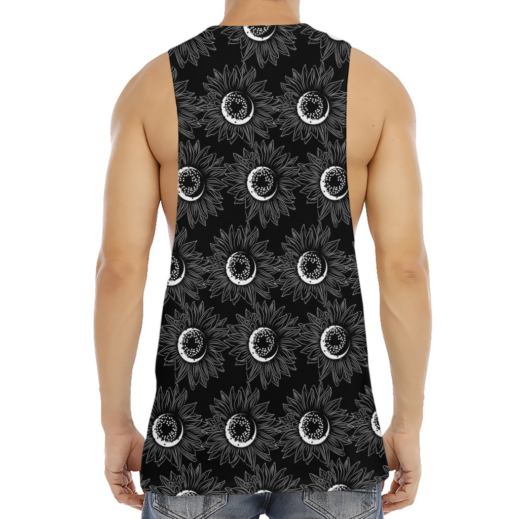 White And Black Sunflower Pattern Print Men's Muscle Tank Top