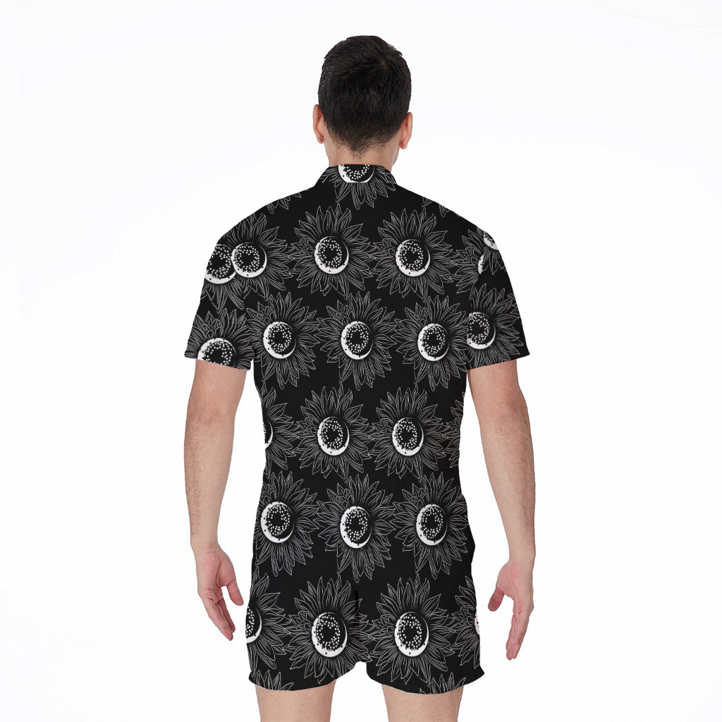 White And Black Sunflower Pattern Print Men's Rompers