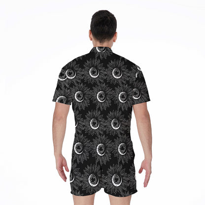 White And Black Sunflower Pattern Print Men's Rompers