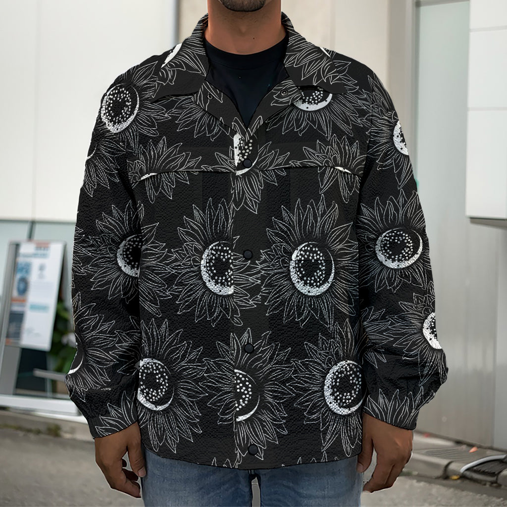 White And Black Sunflower Pattern Print Men's Shirt Jacket