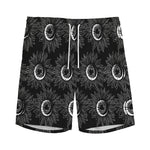 White And Black Sunflower Pattern Print Men's Sports Shorts