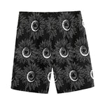 White And Black Sunflower Pattern Print Men's Sports Shorts