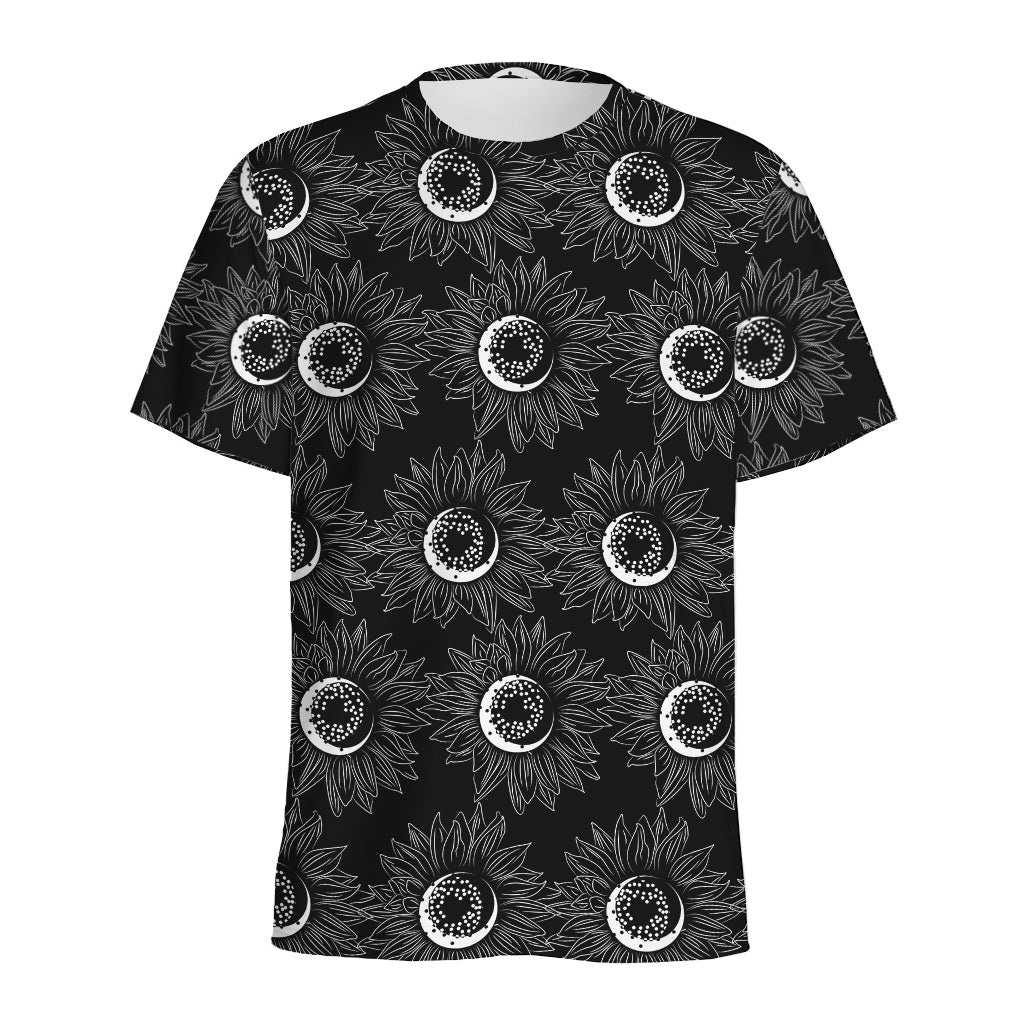 White And Black Sunflower Pattern Print Men's Sports T-Shirt