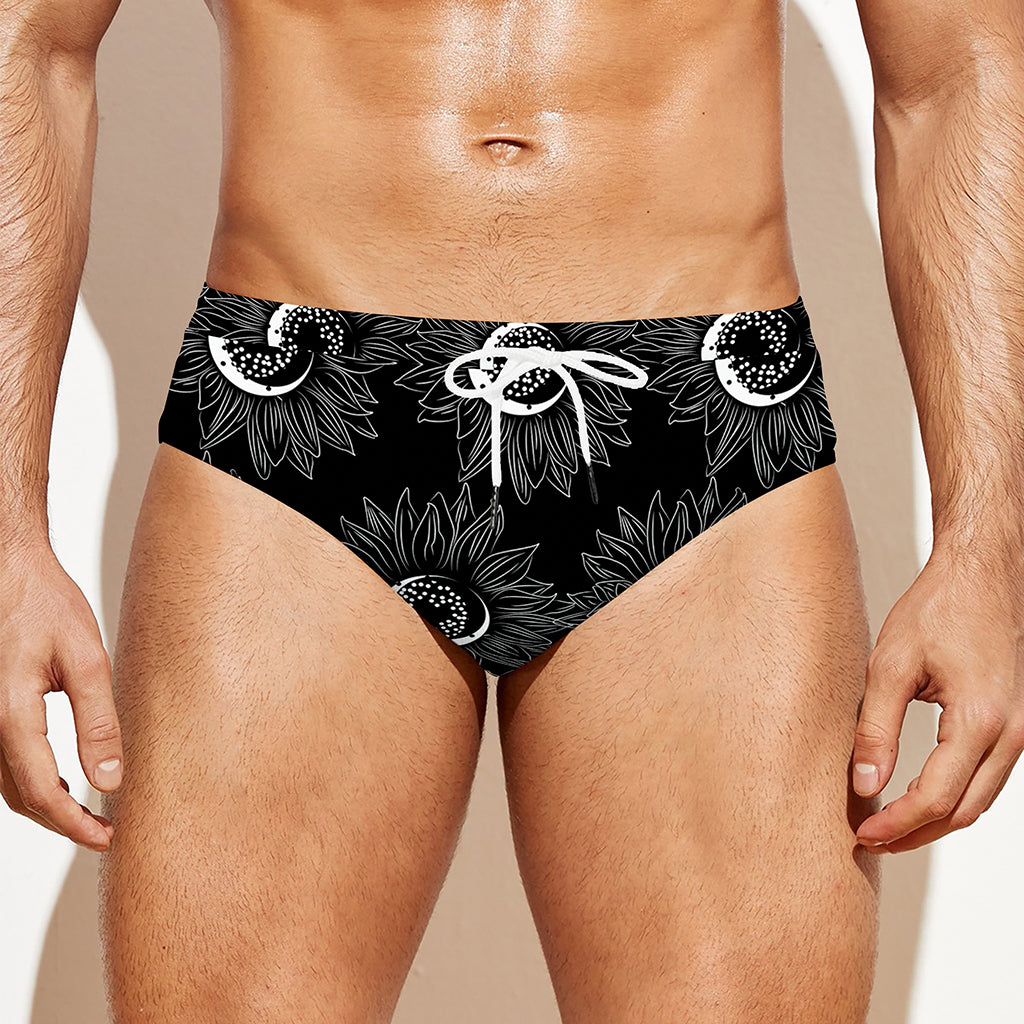 White And Black Sunflower Pattern Print Men's Swim Briefs