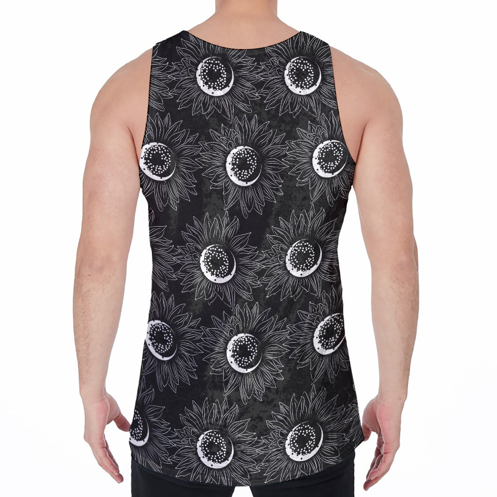 White And Black Sunflower Pattern Print Men's Velvet Tank Top