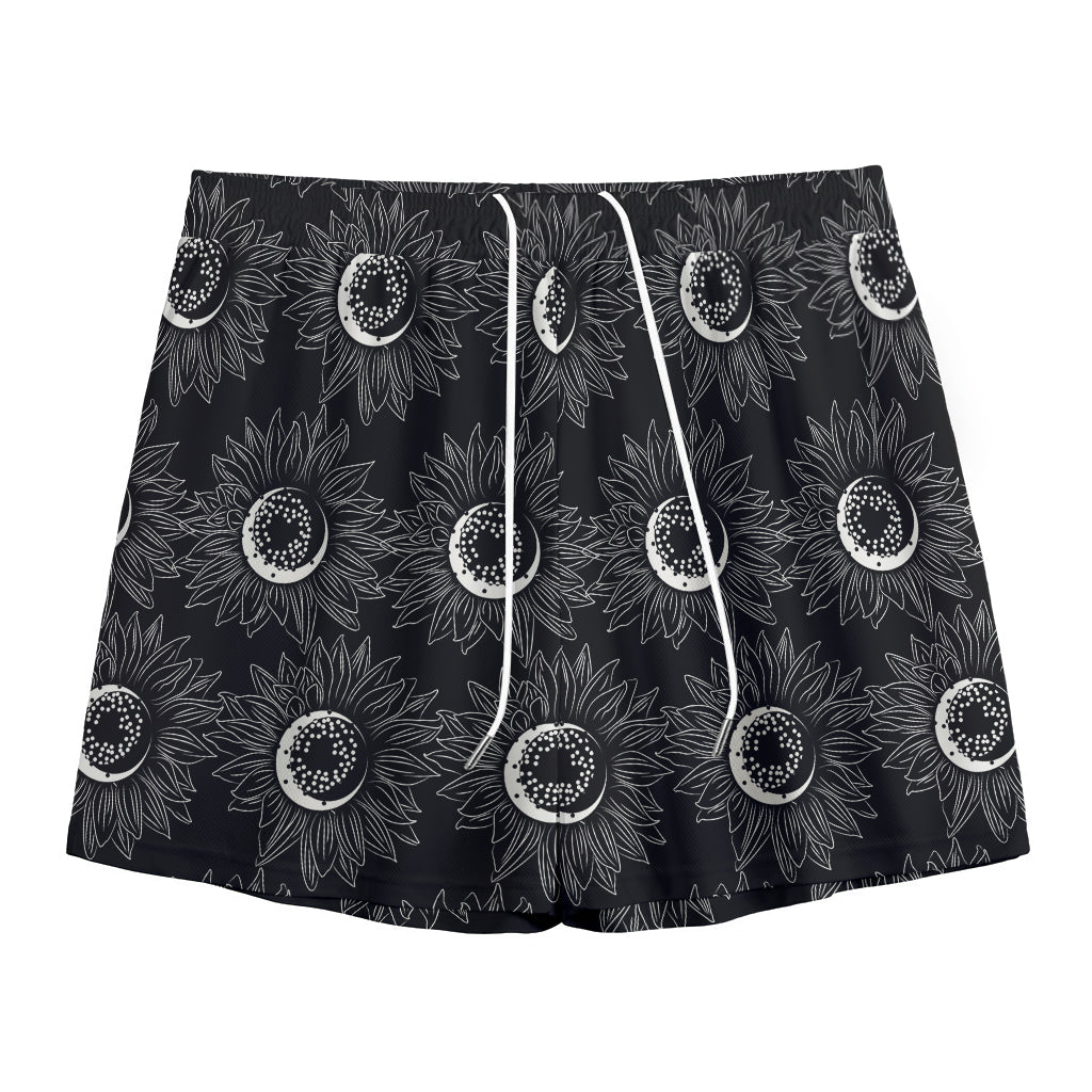 White And Black Sunflower Pattern Print Mesh Shorts