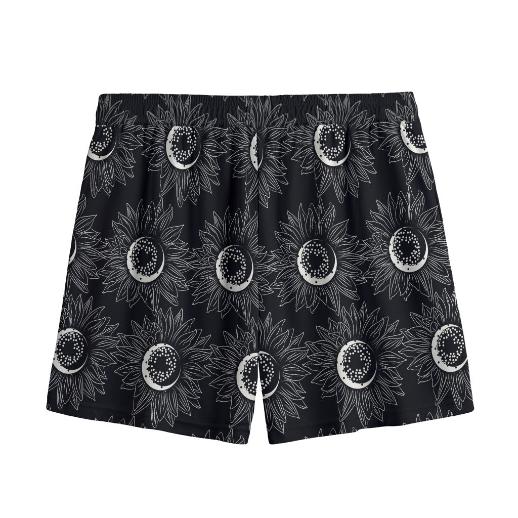White And Black Sunflower Pattern Print Mesh Shorts