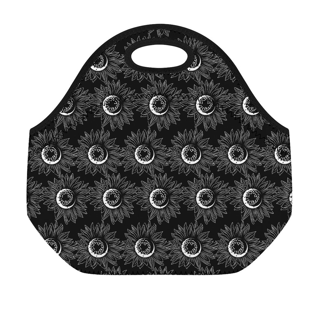 White And Black Sunflower Pattern Print Neoprene Lunch Bag