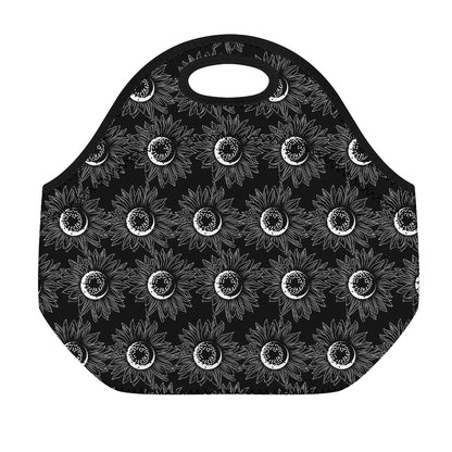 White And Black Sunflower Pattern Print Neoprene Lunch Bag