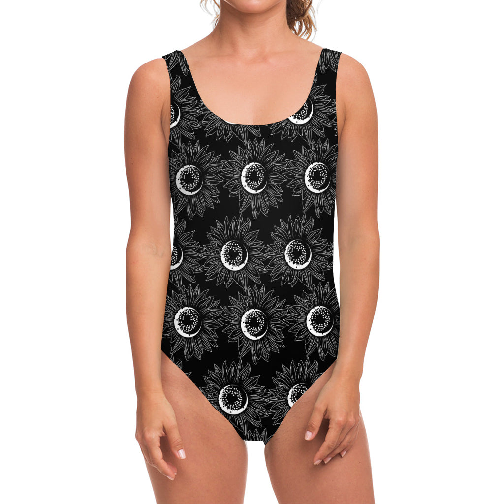 White And Black Sunflower Pattern Print One Piece Swimsuit