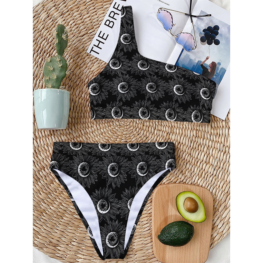 White And Black Sunflower Pattern Print One Shoulder Bikini Top