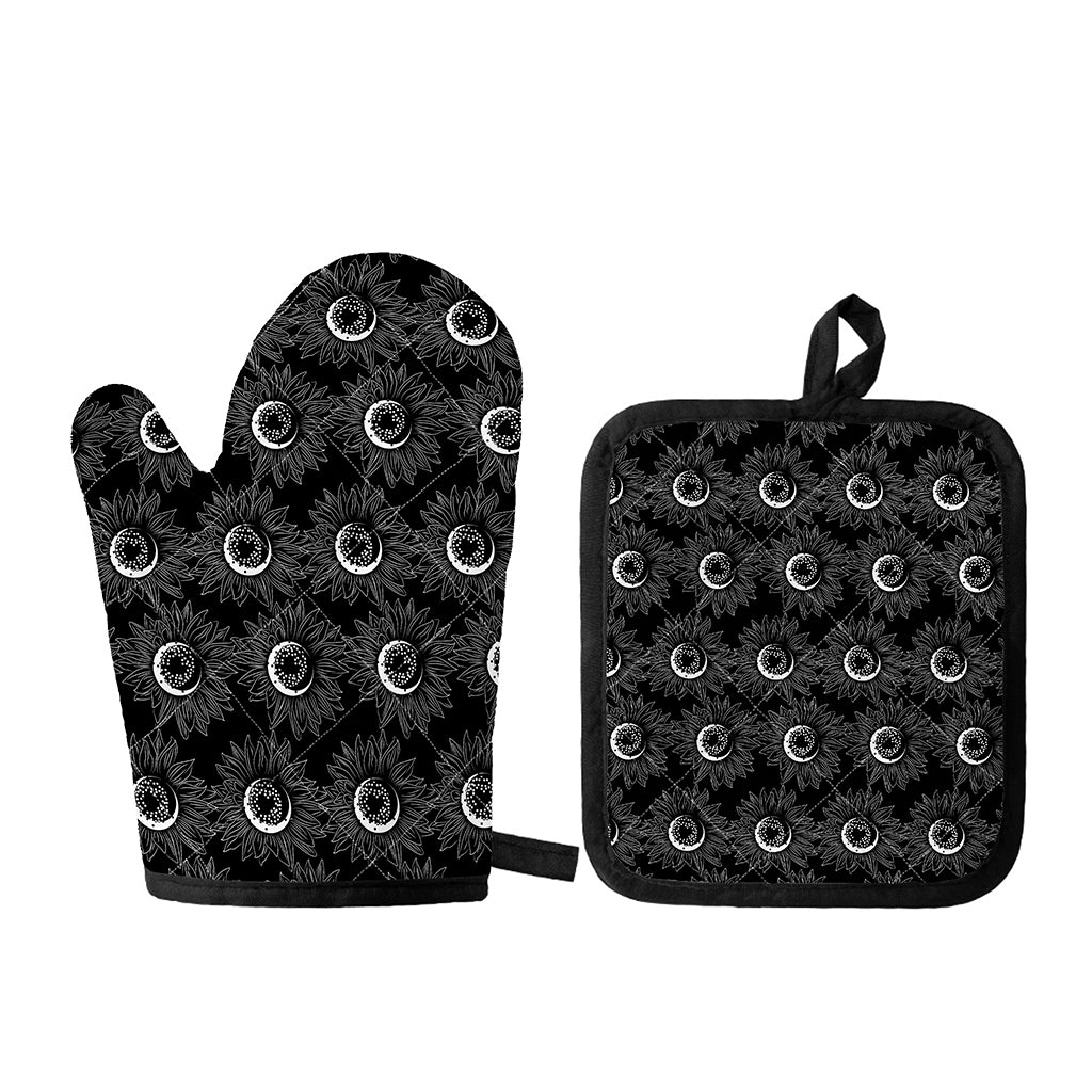 White And Black Sunflower Pattern Print Oven Mitt And Pot Holder Set