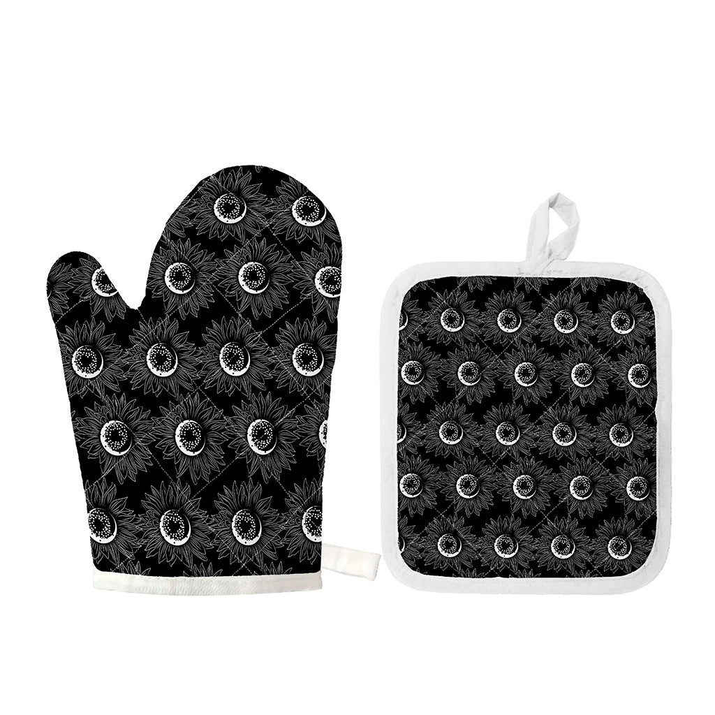 White And Black Sunflower Pattern Print Oven Mitt And Pot Holder Set