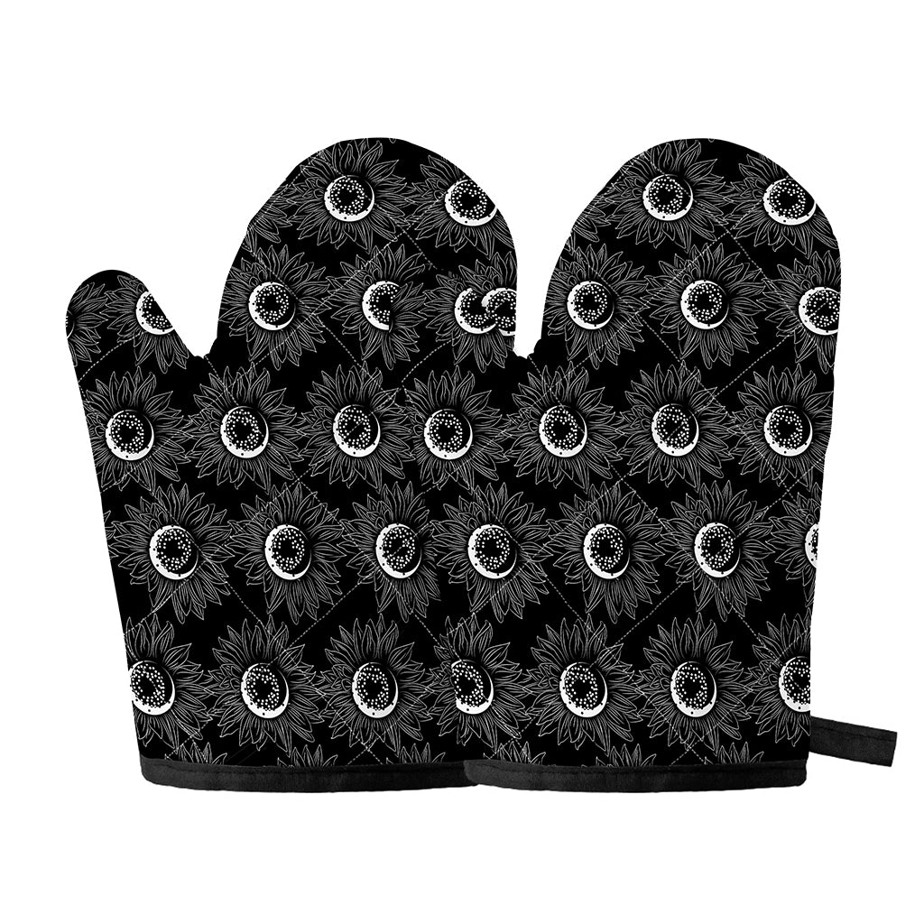 White And Black Sunflower Pattern Print Oven Mitts