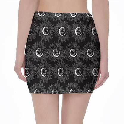 White And Black Sunflower Pattern Print Pencil Mini Skirt