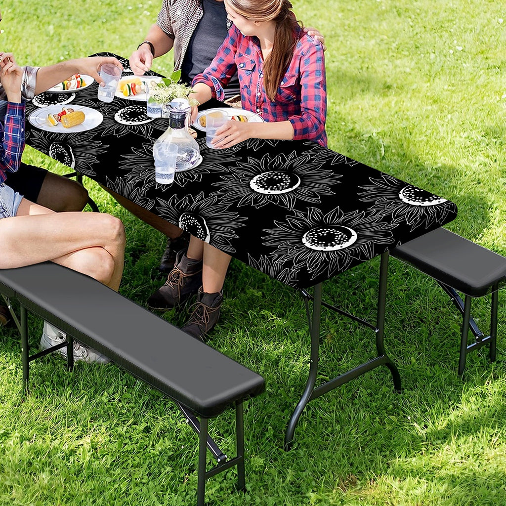 White And Black Sunflower Pattern Print Picnic Table Cover