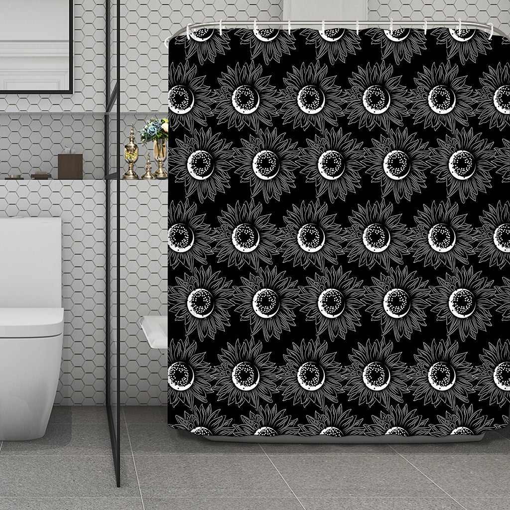 White And Black Sunflower Pattern Print Polyester Shower Curtain