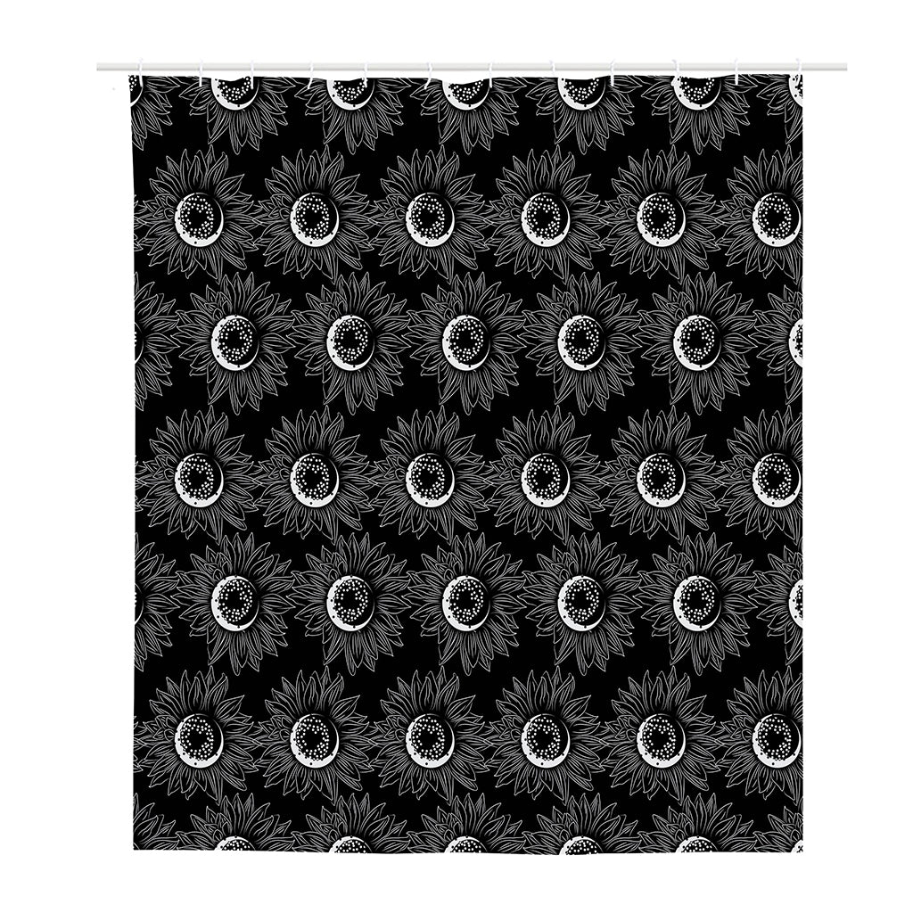 White And Black Sunflower Pattern Print Polyester Shower Curtain