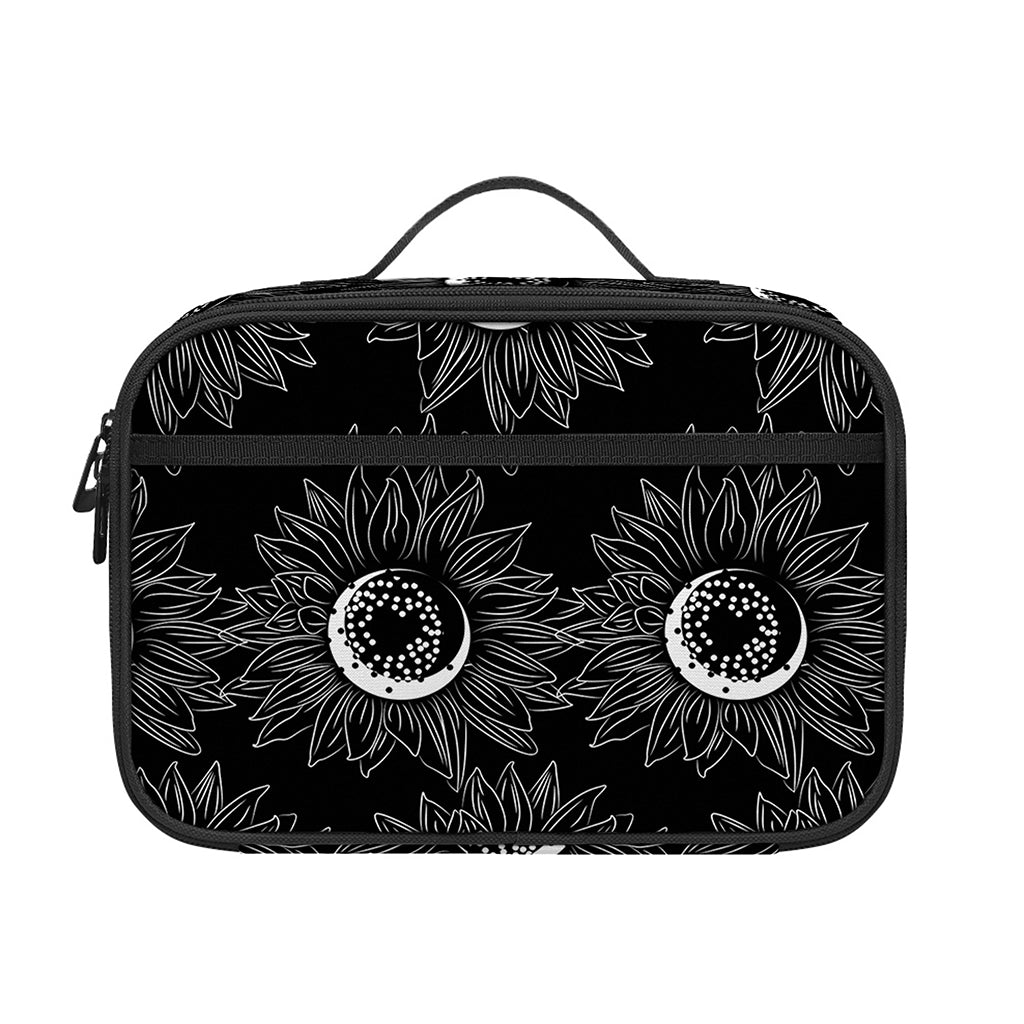 White And Black Sunflower Pattern Print Portable Lunch Bag