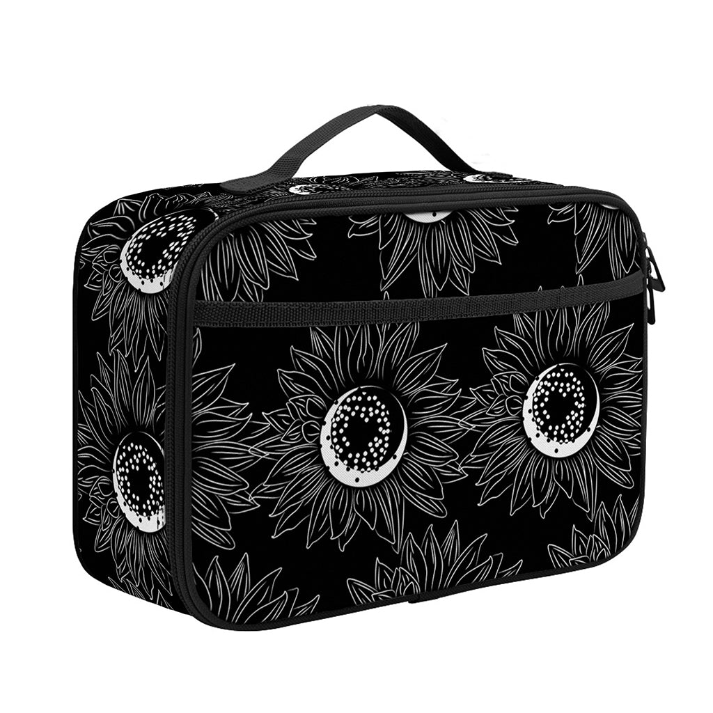 White And Black Sunflower Pattern Print Portable Lunch Bag